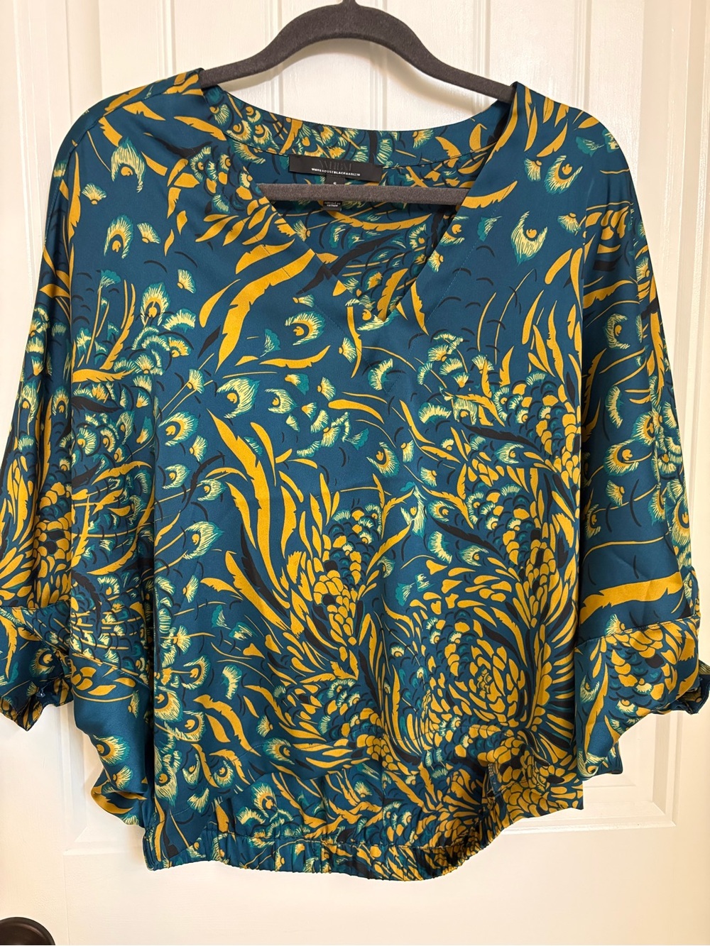 White House Black Market Teal & Mustard Floral V-Neck Tunic